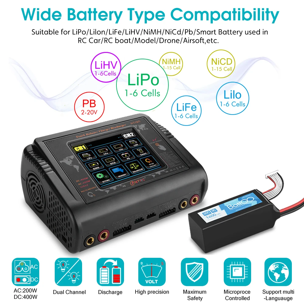 HTRC T400 يبو شاحن بطارية تيار مستمر 400 واط التيار المتناوب 200 واط RC شاحن مفرغ ل LiHV الحياة ليثيوم لون NiCd NiMh Pb يبو Batteri شاحن مزدوج