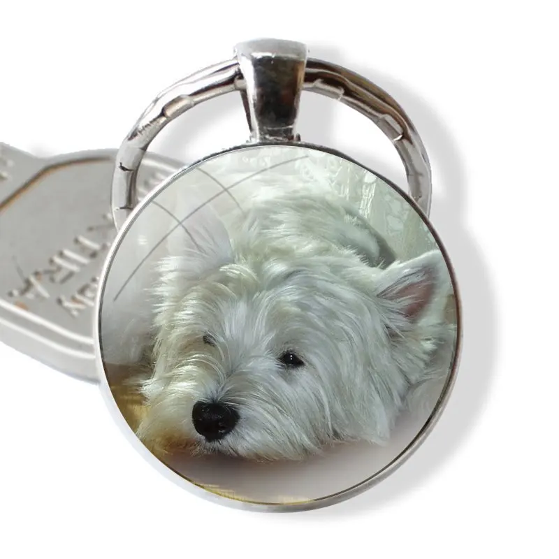 Westie Terrier Dog Puppy Highland Terrier Keychain Handmade Glass Cabochon Key Ring Holder Pendant Key Chains