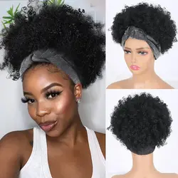 Short Ombre Headband Wig Kinky Curly Headband Wig with Bangs for Women Synthetic Afro Curly Wig with Headband Attached Blonde Ki
