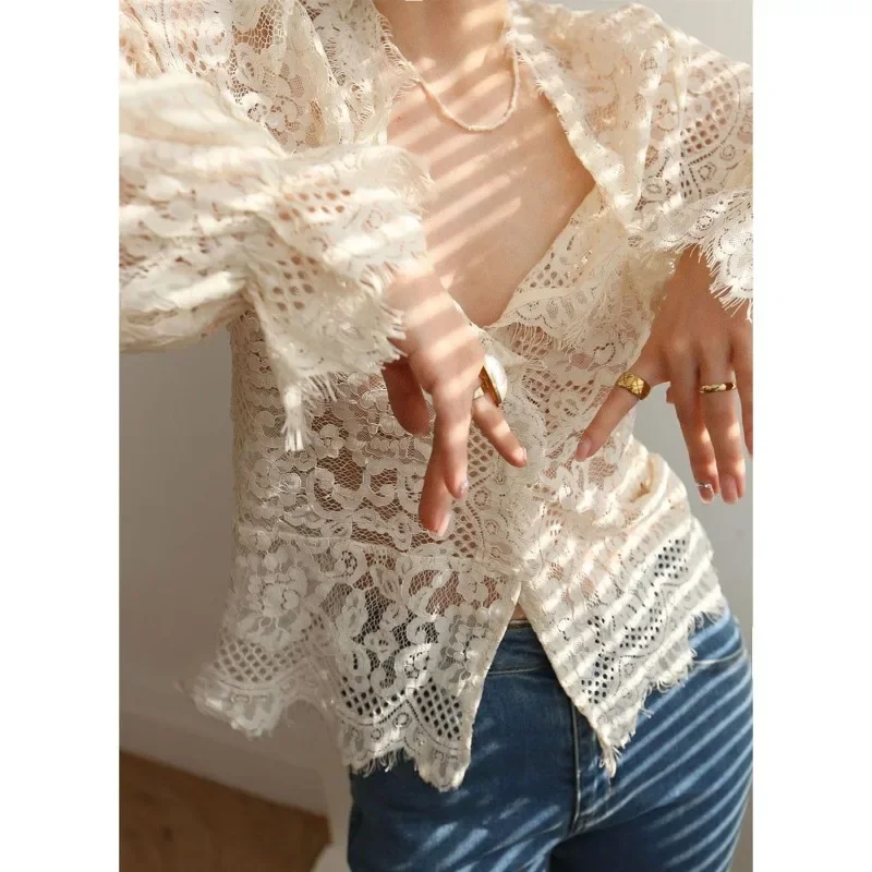 QWEEK Elagant Lace Transparent Blouse Women Youthful V Neck Long Sleeve Shirt Female Vintage Luxury 2024 Spring Aesthetic Korean