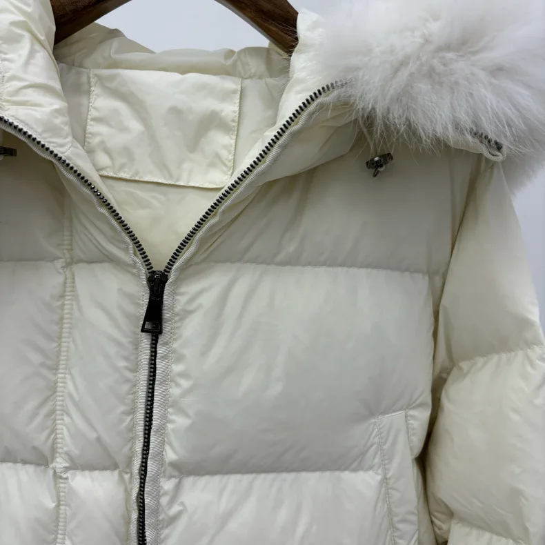 Schinteon Women 100% Real Fox Fur Collar White Duck Down Jacket with Hood Autumn Winter Warm Casual A-lined Warm Outwear Cape