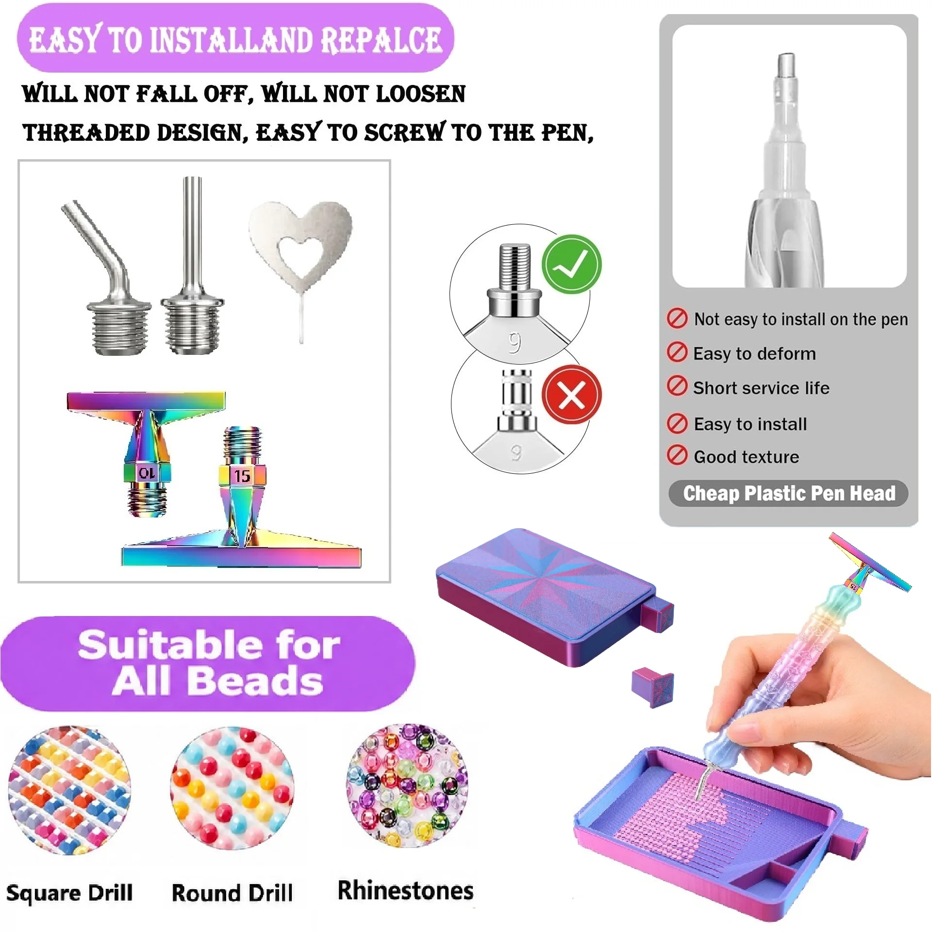 3D Diamond Pattern Dotting Pen Tool Accessory Set, Includes 1 Stainless Steel Bent Tip Fine Tube, 1 Stainless Steel Straight Tip Fine Tube, 10/15 Dotting Tips, Suitable for Adult DIY Diamond Painting Accessories view 4