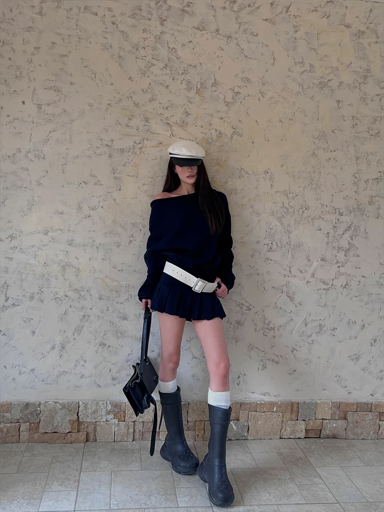 

HYTEMOLY Свободный вязаный комплект, повседневный свитер Bellovi Sle с длинным свековым воротником и плиссированный укороченный топ, комплект из двух предметов для женщин