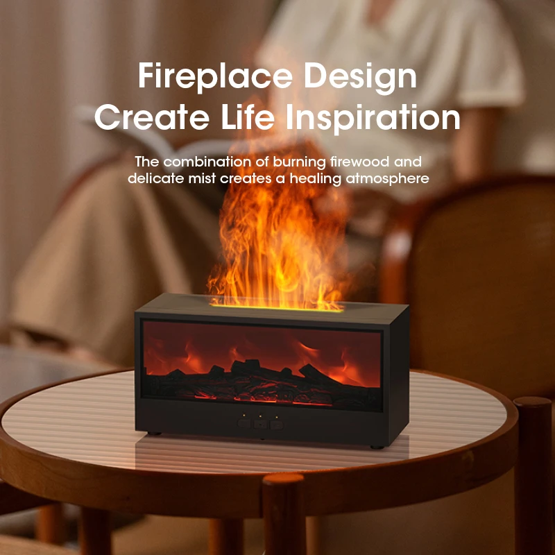 

4 in 1 Fireplace Humidifier with Flame Effect Essential Oil Diffuser Remote Control Desktop Air Purifier for Home