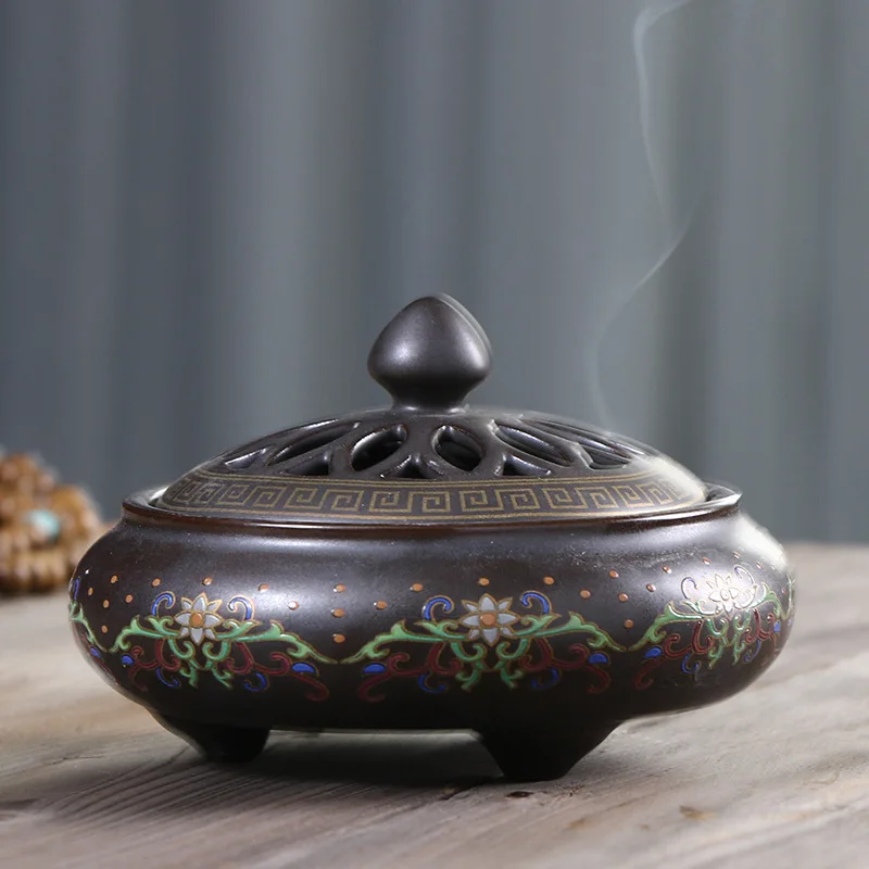 Retro 4-hour ceramic incense burner, home decoration accessories, incense burner, living room decoration, aromatherapy pedestal