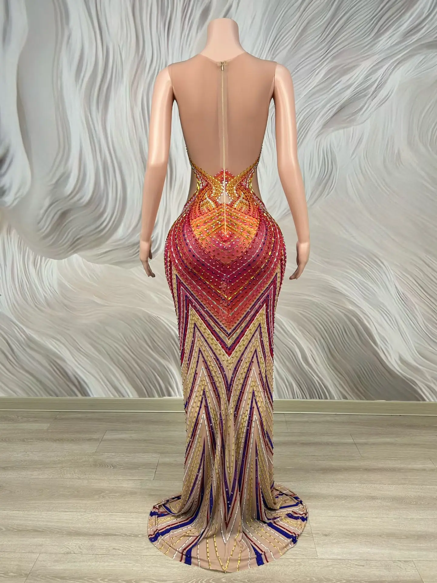 Fenghuang Luxury Multi-Color Rhinestone Nude Mesh Sleeveless Mermaid Dress Formal Evening Wedding Guest Gown