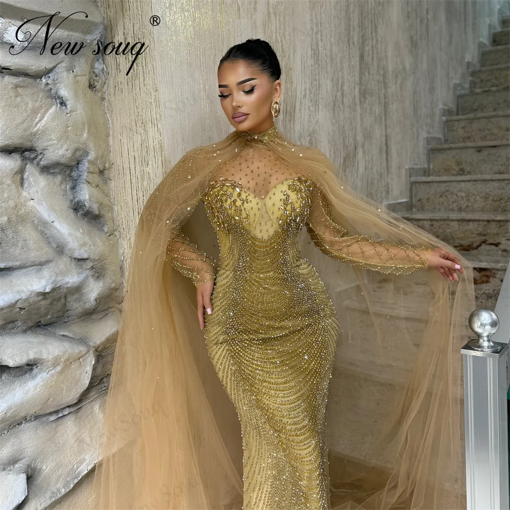 Gold Beading Evening Dresses Customized Women Cape Sleeves Wedding Party Dress Engagement Embellished  Dress Vestidos De Cóctel