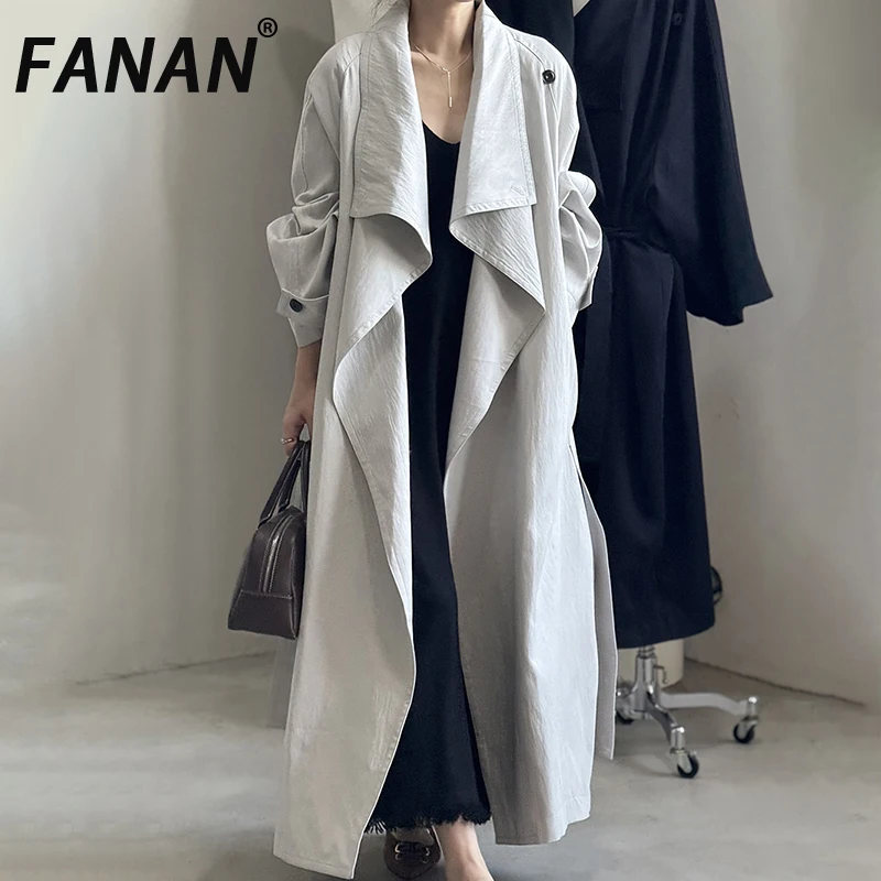 

FANAN Temperament Cardigan Trench Women's Lapel Long Sleeve Belt Gathered Waist Windbreaker Female Coats 2025 Autumn New