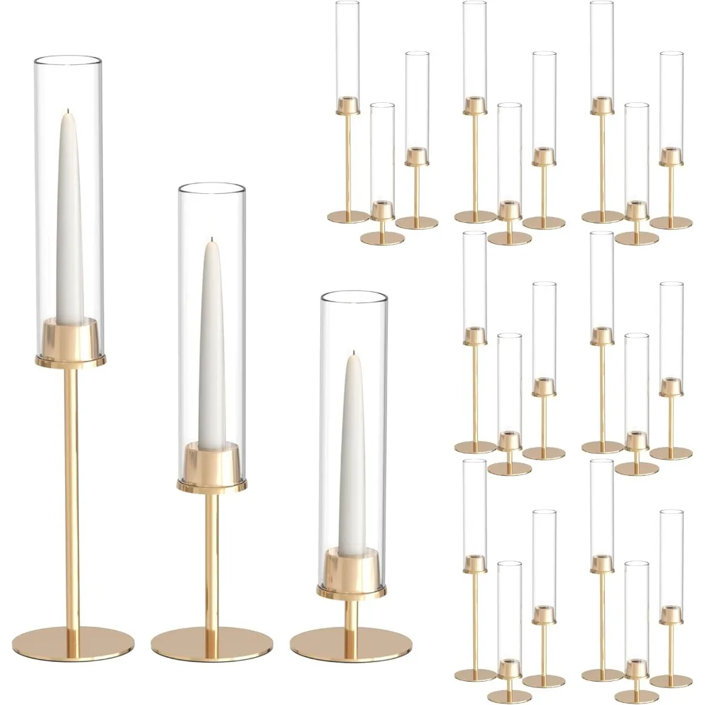 

21 Pack 23.6 & 21.7 & 19.7 in Tall Gold Hurricane Candlesticks Holder with Glass Cylinder Cover - Candle Holders