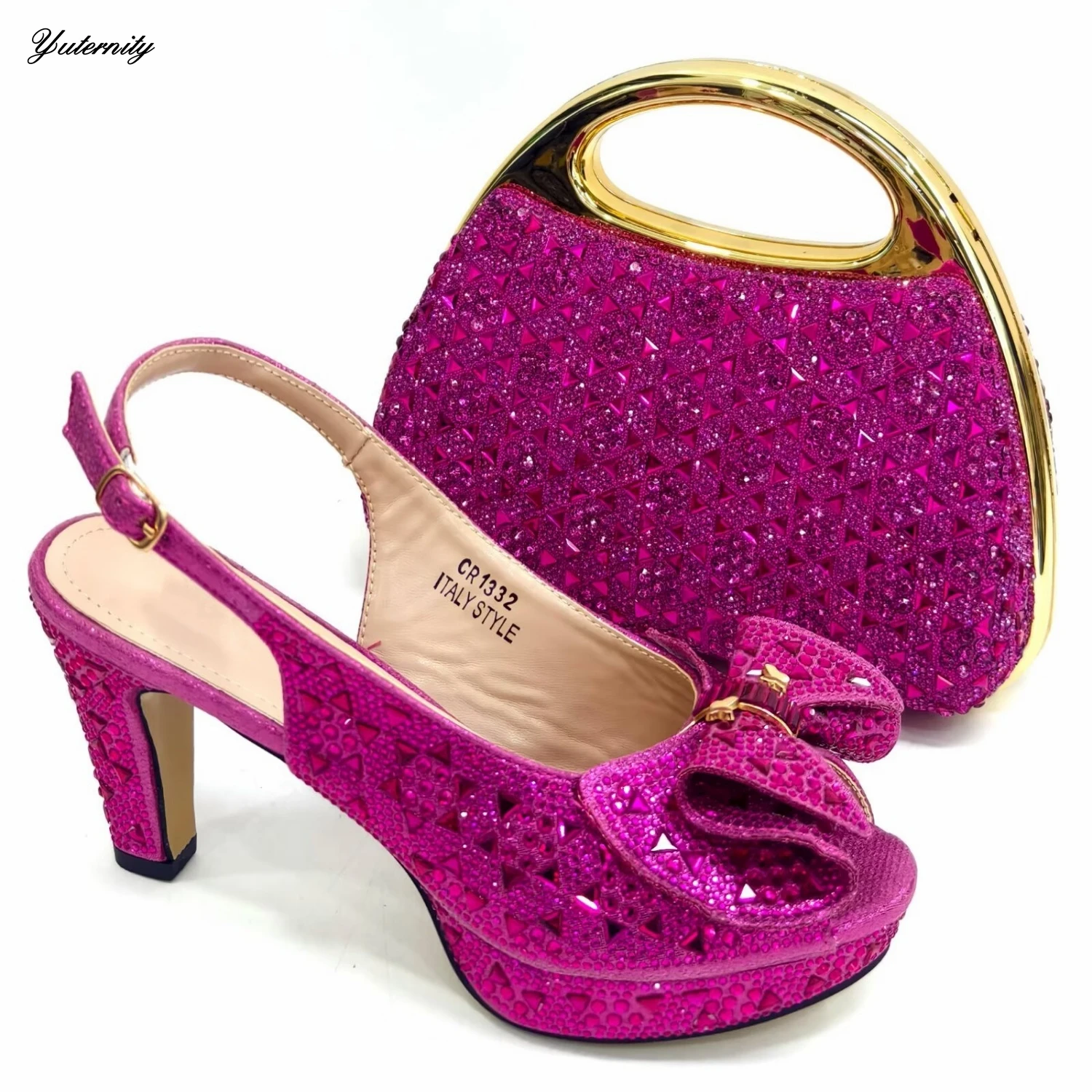 

2026 Fashion Elegant Sandals Shoes And Bag Set Summer Sytle PU With Crystal Woman High Heels SHoes And Bag For Parties 38-43