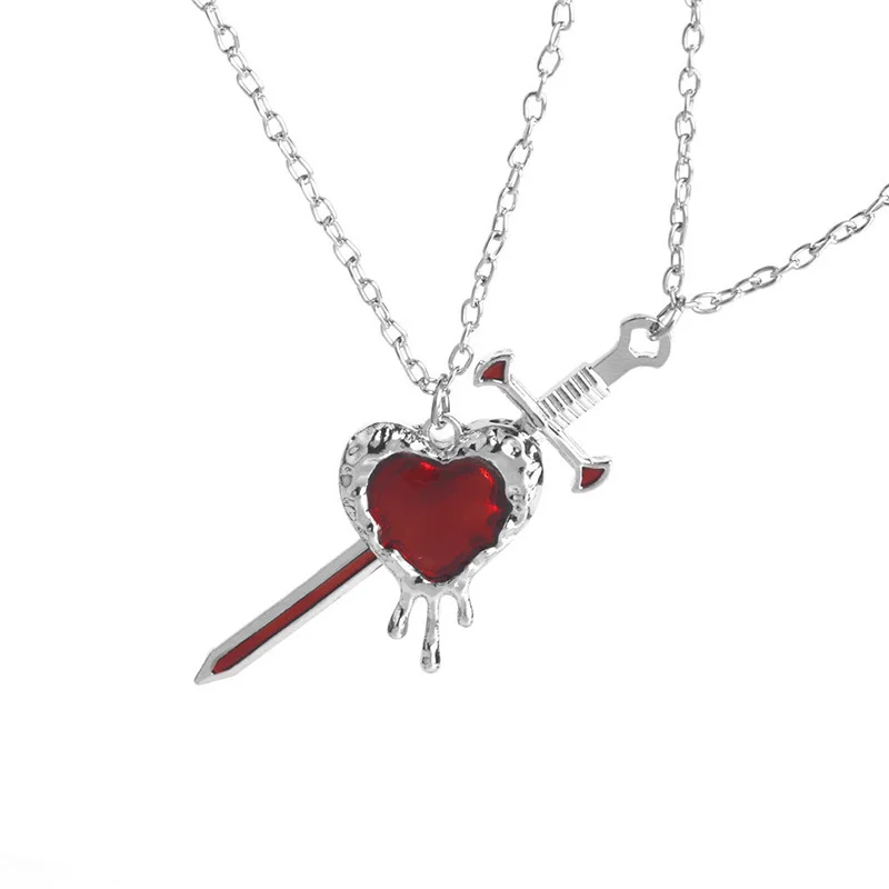2pcs Swords Heart Pendant Necklaces for Women Men Cool Punk Heart Matching Necklaces Couple Friendship Fashion Jewelry Gift