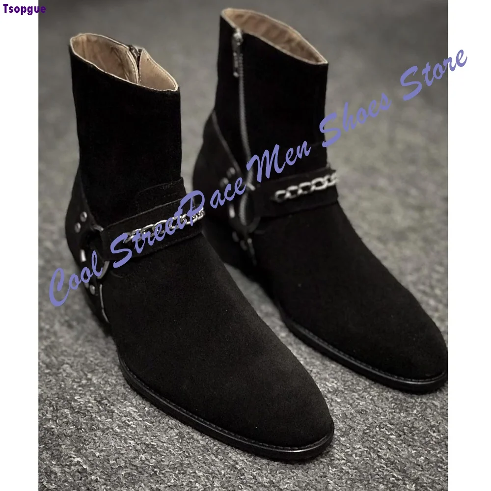 Vintage Metal Chain Buckle Men Suede Chelsea Boots Pointed Toe Side Zipper Ankle Boots Punk Street Fashion Dress Boots For Club