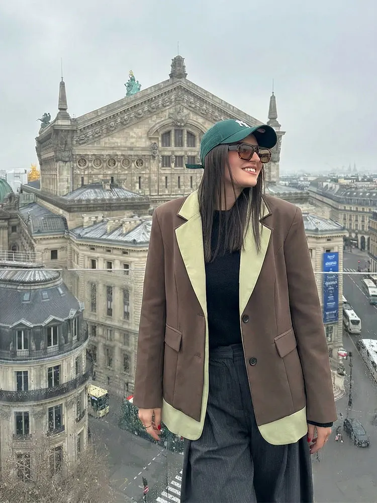 HH, chaqueta de retazos a la moda para mujer, chaqueta de traje de manga larga con una hilera de botones, tendencia de primavera y otoño, prendas de vestir elegantes para mujer de calle alta