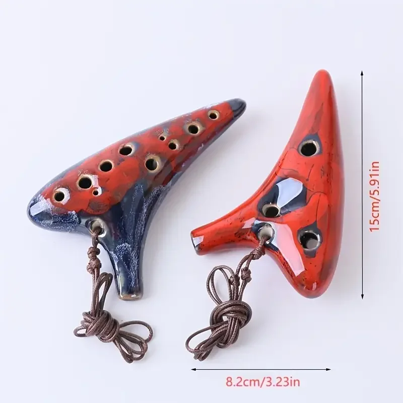 1pc, antique lacquer handmade red and blue 12-hole ceramic ocarina, a musical instrument for teaching and playing, with beau