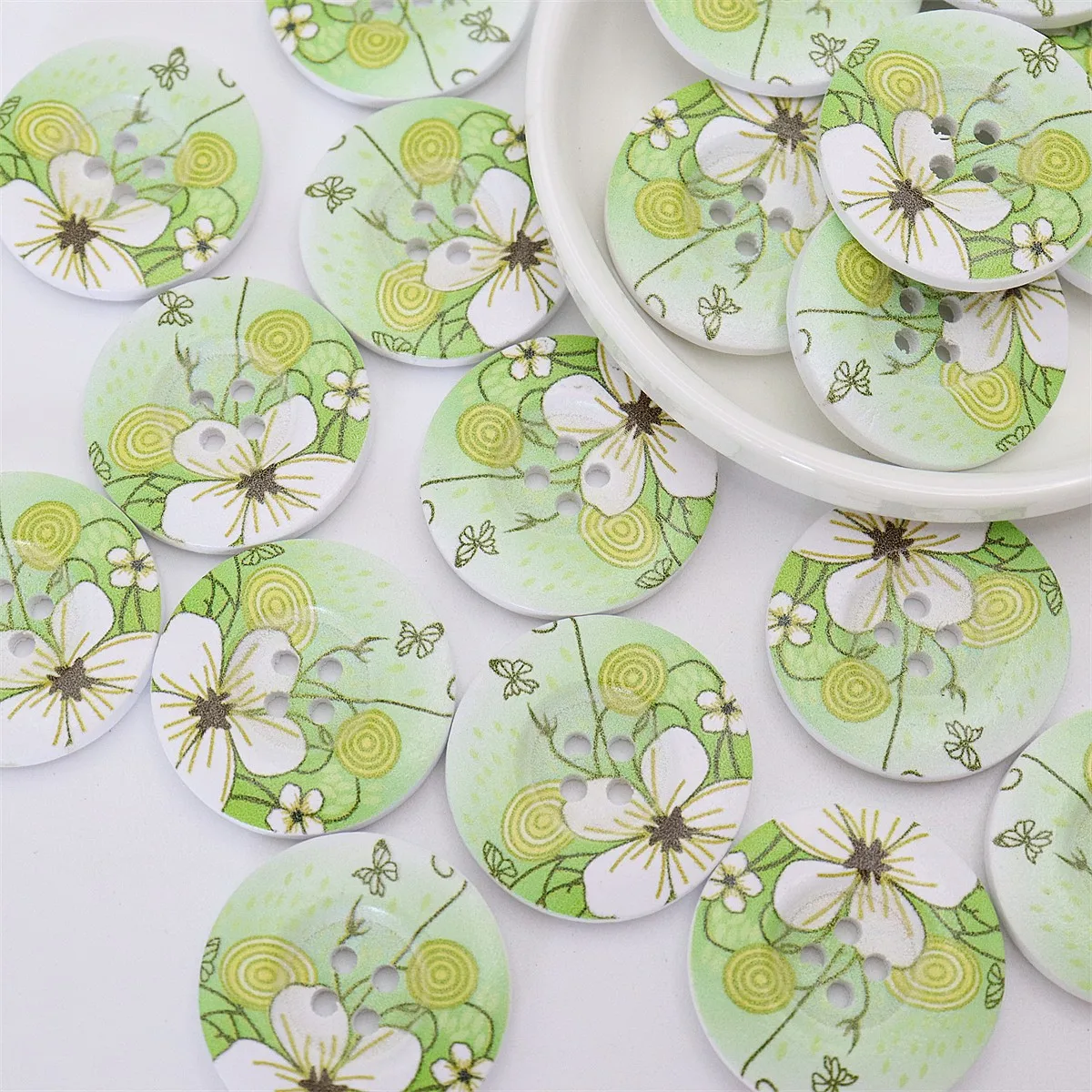 20pcs 30mm Large Wood Green Flower Floral Buttons Round Sewing 4 Holes Embellishments Cardmaking Scrapbooking Bag Decorations