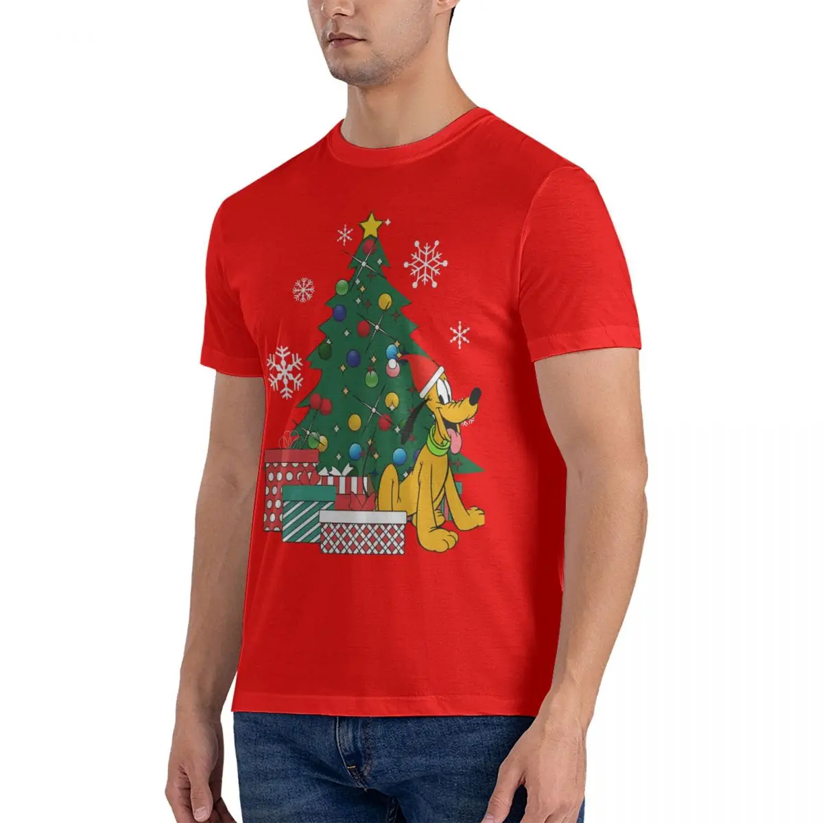 Casual Christmas Tree T-Shirts for Men Crew Neck Cotton T Shirts Disney Cartoon Character Pluto Short Sleeve Tees 6XL Clothing