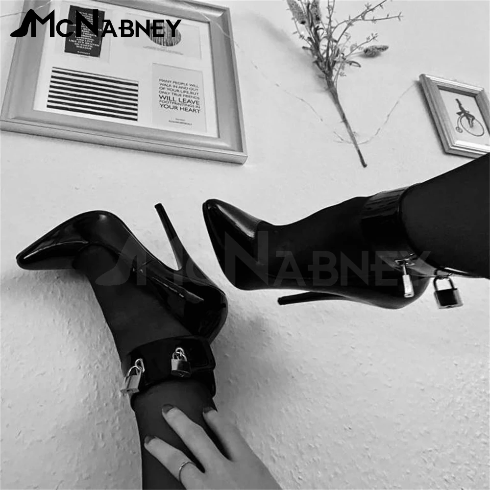 Interchangeable Ankle Cuffs Pumps Metallic Chain Sexy High Heels Punk Style Lock Buckle Pointed Toe Shoes Extreme Sexy High Heel