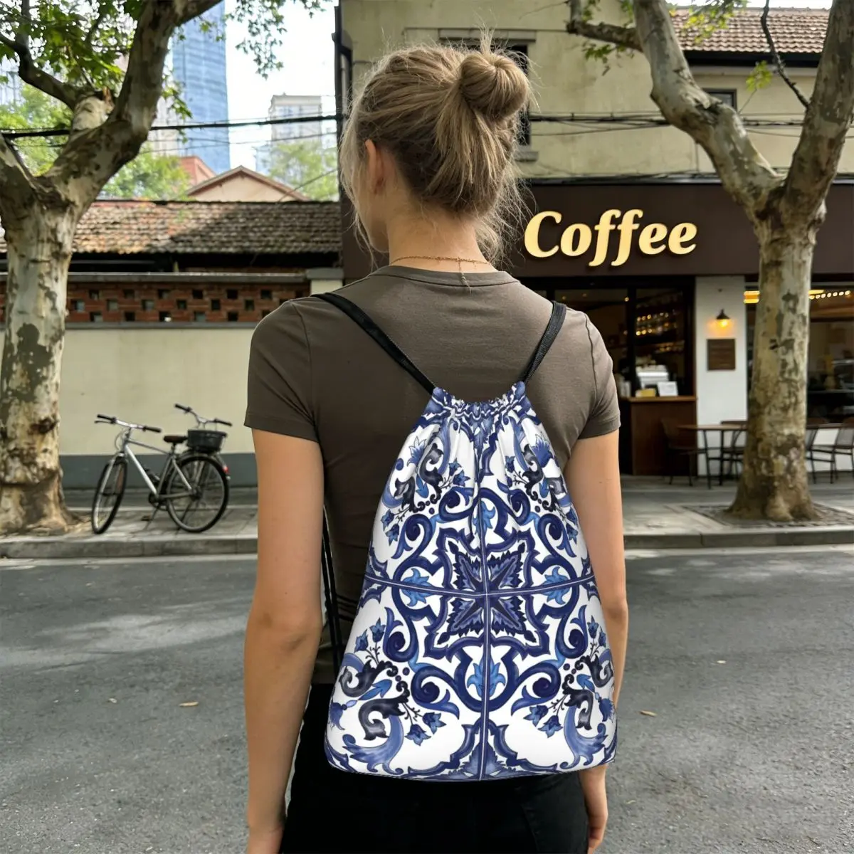 

Blue Ornate Floral Mediterranean Sicilian Tile Backpacks Casual Drawstring Bags Sports Bag Book Bags for Man Woman Students