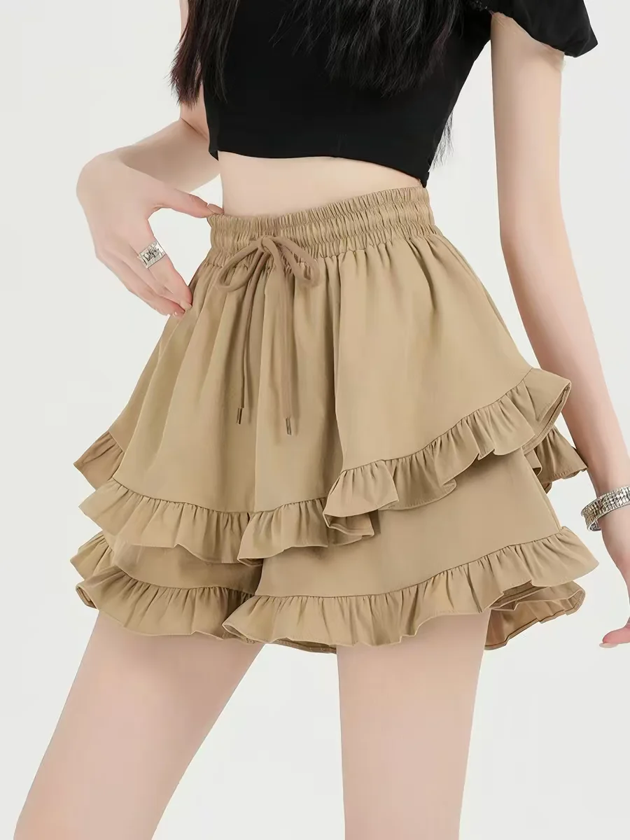 Girls' Summer Khaki Ruffle Trim High Waist A-Line Shorts Double Layer Wide Leg Loose Fit Skort