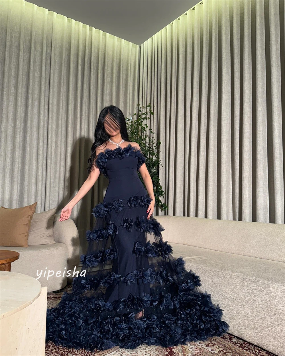 Customized Evening  Sexy Casual  Tulle Flower Beading Ruched Clubbing A-line Strapless Bespoke Occasion Gown Long Dresses