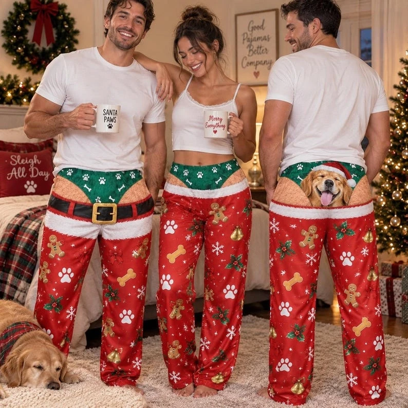 Lustige Weihnachtshose mit weitem Bein für Damen und Herren, Lebkuchen-Hundepfoten-Print, Fake-String-Ausschnitt, Weihnachts-Paar-Party-Kostüm, Neuheit, Streichkostüm – Detail 3