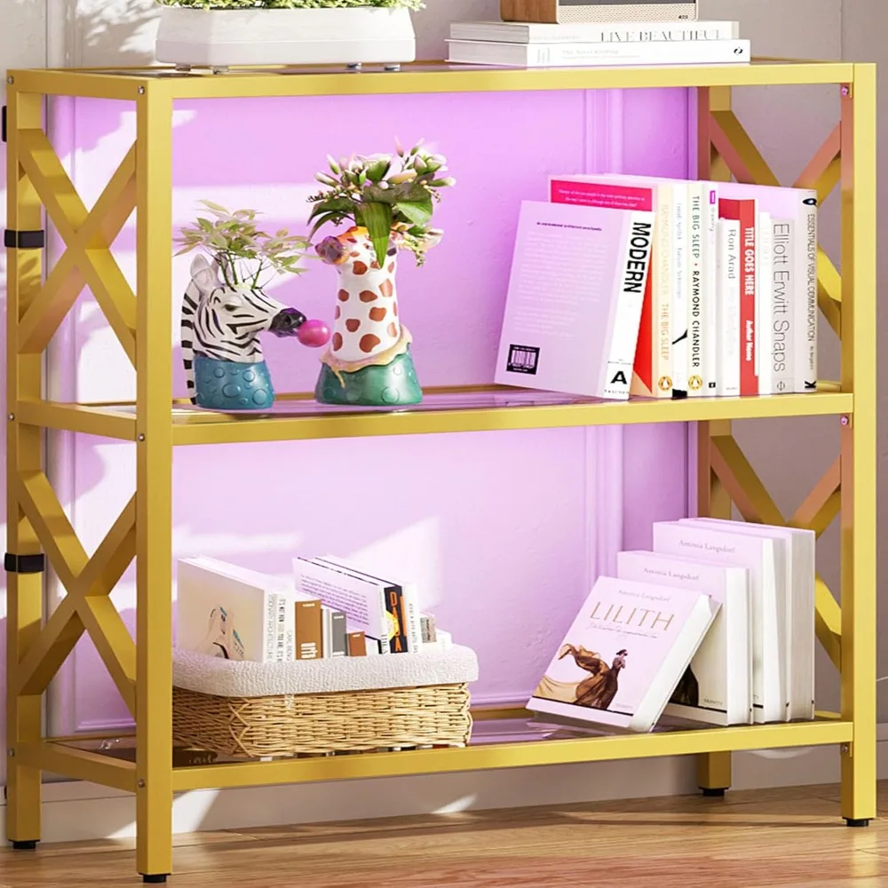 

Bookshelf Bookcase 3 Tier with Tempered Glass Shelf, Gold Display Shelf with Led Light for Collectibles, Heavy Duty Metal Frame