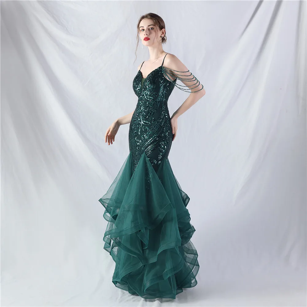 Luxury Green Long 2024 Evening Dress Mermaid Spaghetti Straps Chic Sequined Beading Wedding Party Gowns Robe De Soiree In Stock