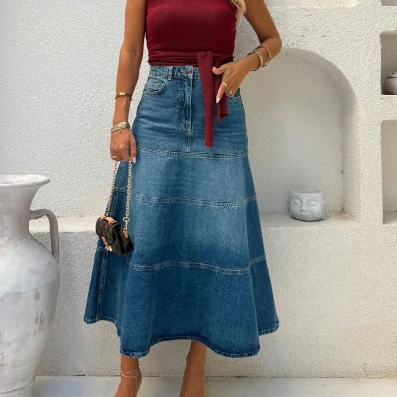 2026 Fashion Denim Skirt Women's Vintage Jean Maxi Skirts Spring Autumn High-waist Streetwear Lady Casual Big-hem A-line Skirts