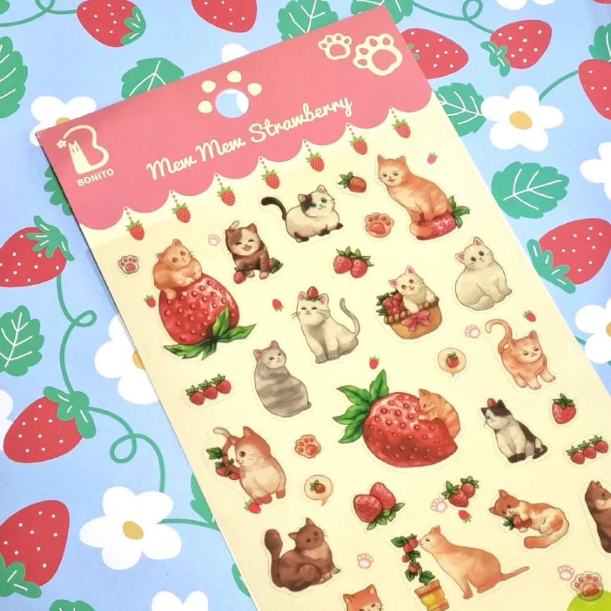 Impor Korea Asli BONITO Kucing Lucu Stroberi PVC Stiker Scrapbooking Diy Jurnal Buku Harian Alat Tulis Stiker Lucu Dekorasi Hadiah