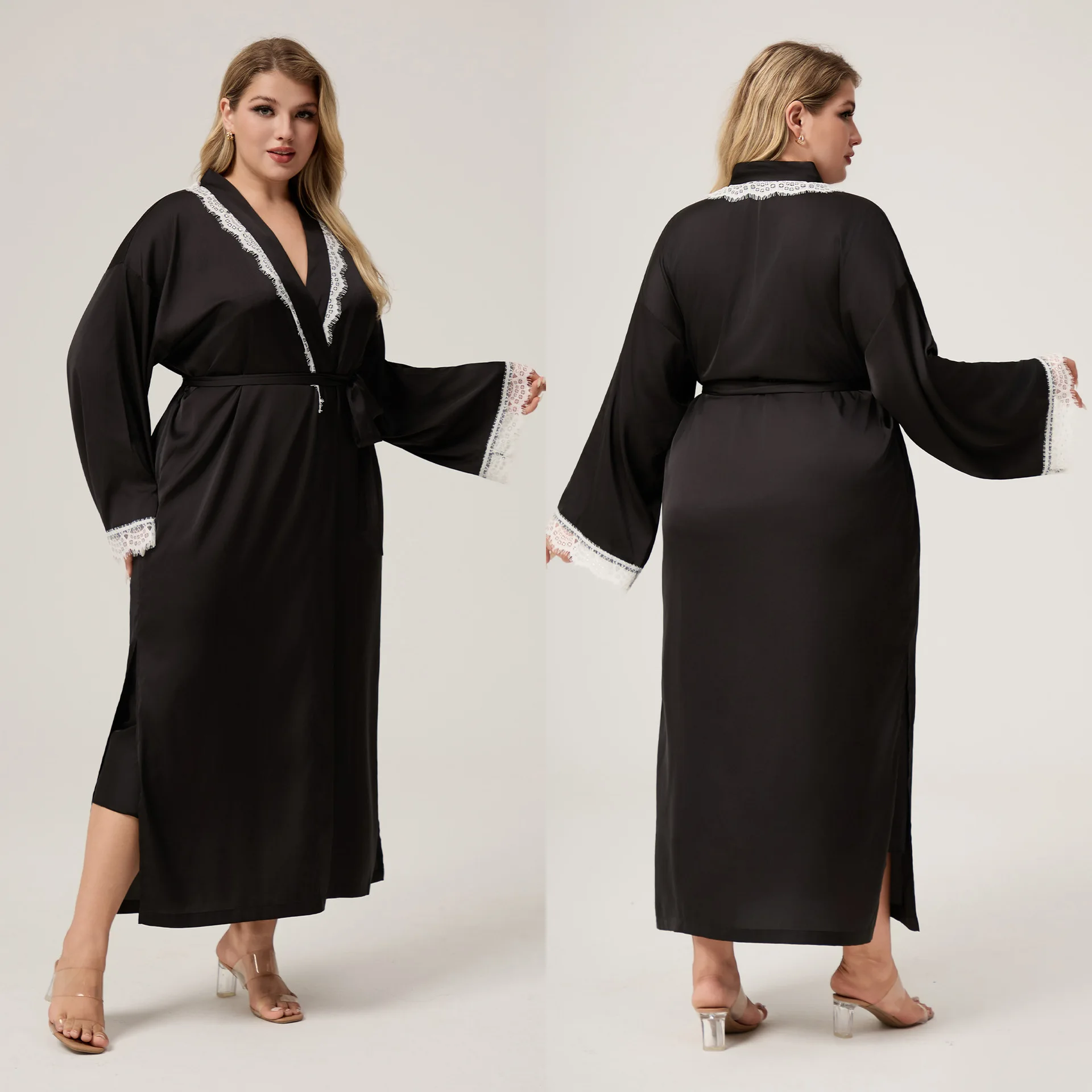 

Women Lace Applique V-Neck Long Robe Kimono Bathrobe Oversize Black Satin Homewear Loungewear