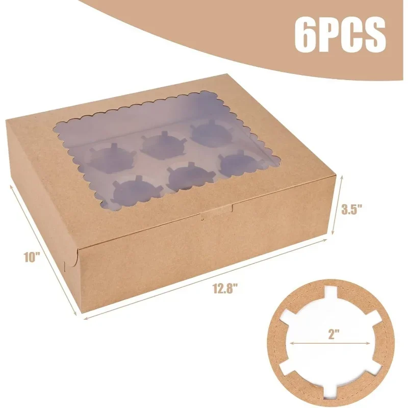 6pcs Kraft Cupcake Containers 12 Count with Window Boxes Holding Pastry Box Birthday Holiday Party Bakery Supplies