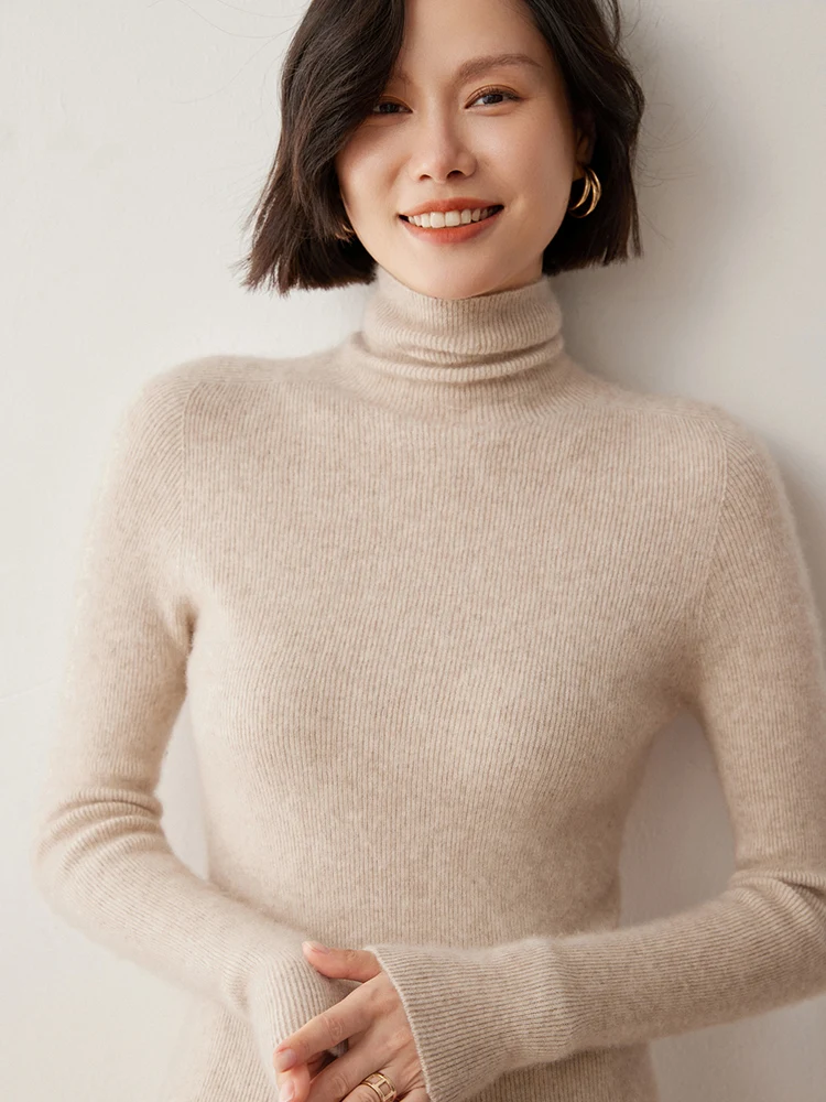 New Chic Autumn Winter Pullover Turtleneck Sweater Women's 100% Cashmere Knitwear Female Grace Slim fit Basic Long Sleeve Tops