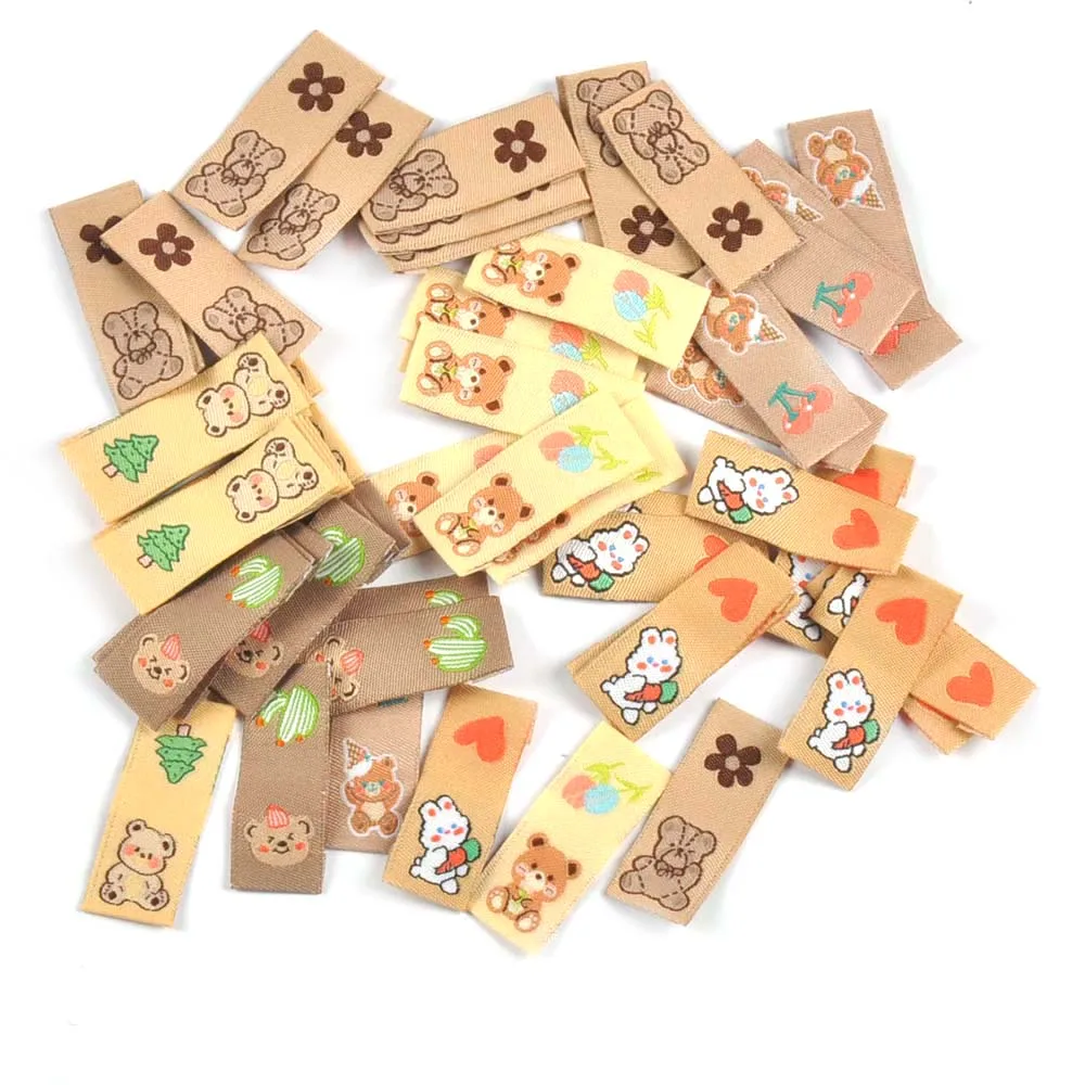 50Pcs Kawai Bear Embroidery Brown Labels For Knitted Hats Bag Shoes Sewing Garment Accessories DIY Tags Crafts Handmade Supplies