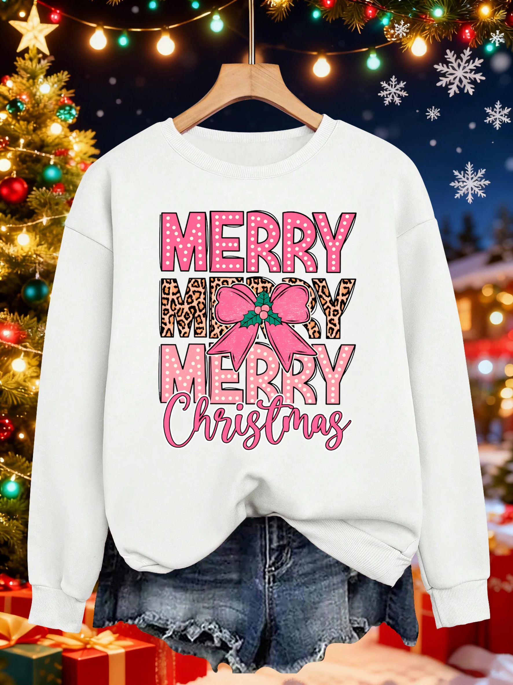 Frohe Weihnachten Rosa Schleife Druck Frauen Pullover Bequeme Hip Hop Sweatshirts Lose Freizeitkleidung Herbst Fleece Sportswear