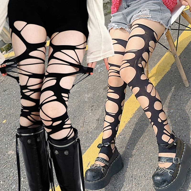 

Fashion Punk Torn Strap Holes Tights Nue Sexy Lolita Gothic Spider Web Stockings Ladies Y2k Black Mesh Soft Tights High Hosiery