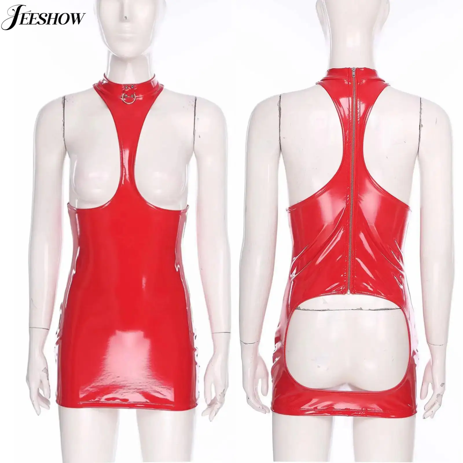 Dames sexy lakleer uitgesneden mini-jurk mouwloos met borst kont uitgehold bodycon micro-jurk wetlook clubjurken