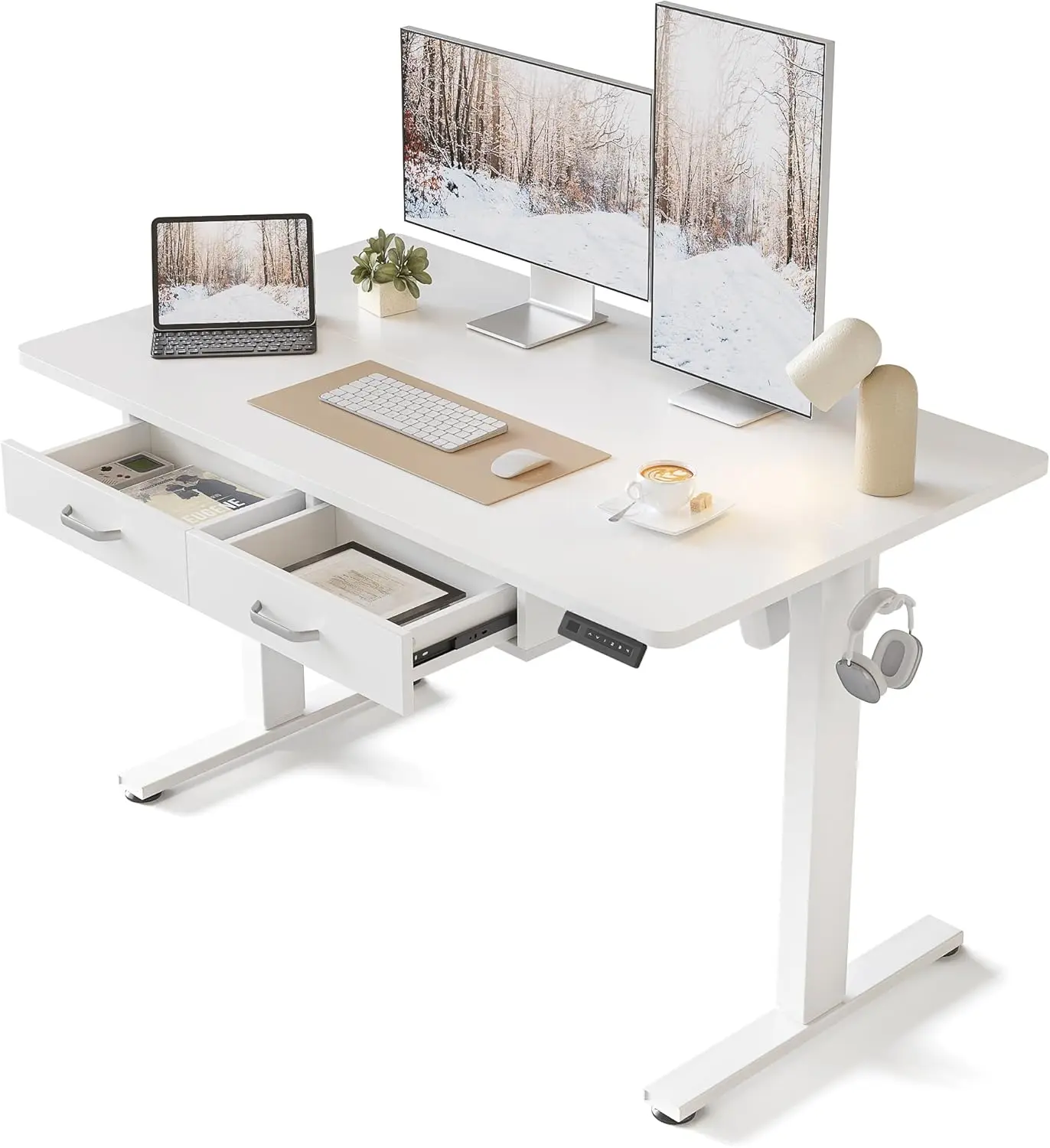 48 x 24 Inches Desk with Double Wooden Drawers, Adjustable Height Electric Standing Desk,Home Office Desk with Splice Tabletop