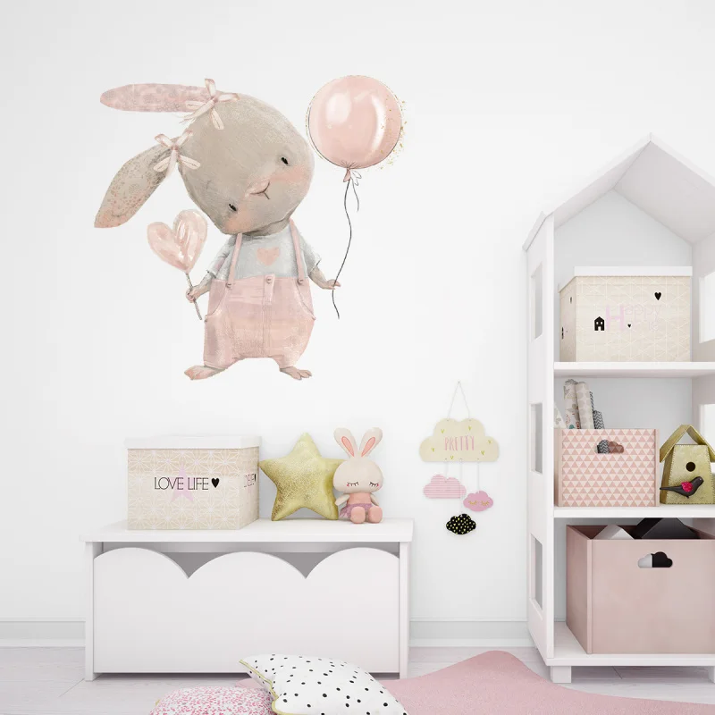 

Cute Pink Overalls Tilted Head Bunny Wall Sticker Cartoon Children's Room Decoration Sticker Self-Adhesive Removable