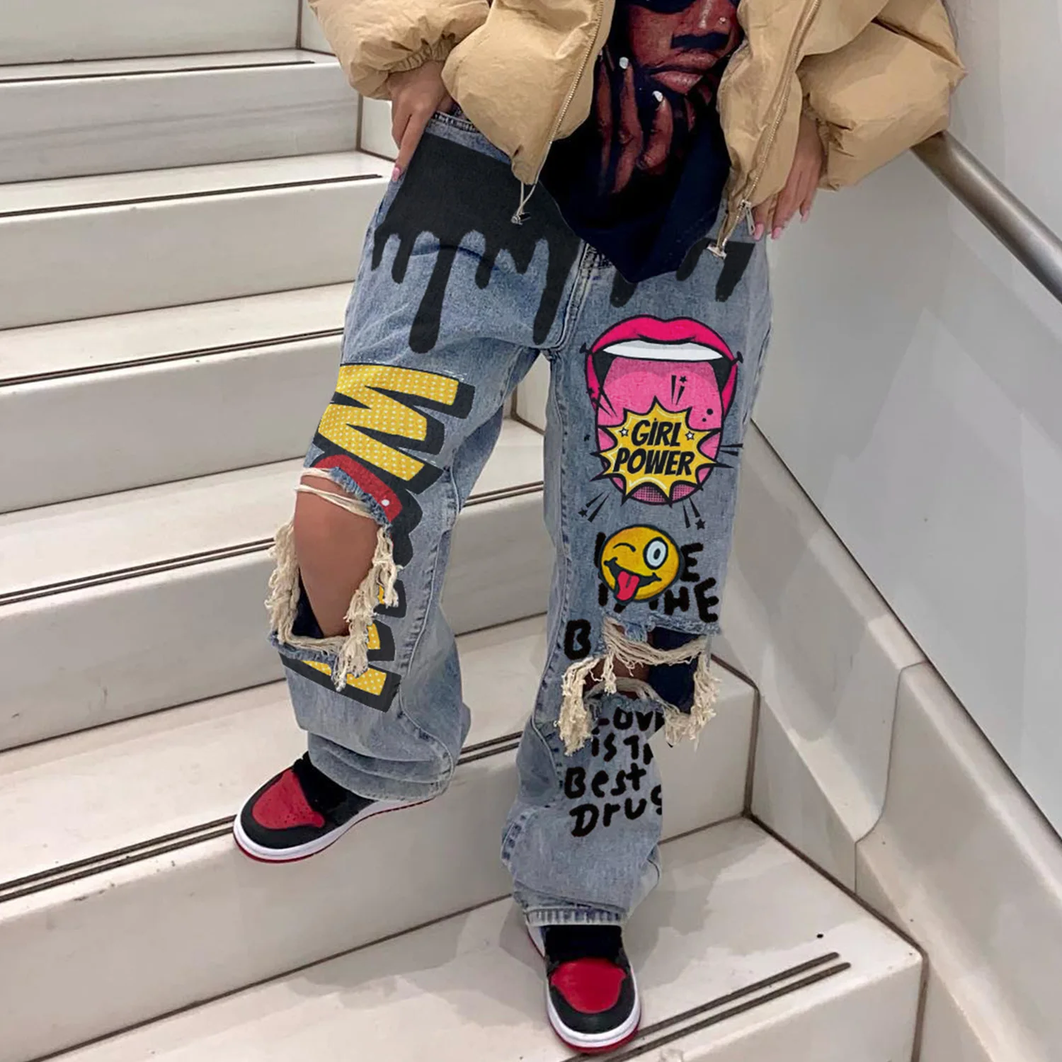 

Jeanswomen's 2024 Stylewomen's New Spring And Autumn New Spicy Girls Street Fashion Hip Hop Rock Letter Print Pattern Knee Hole