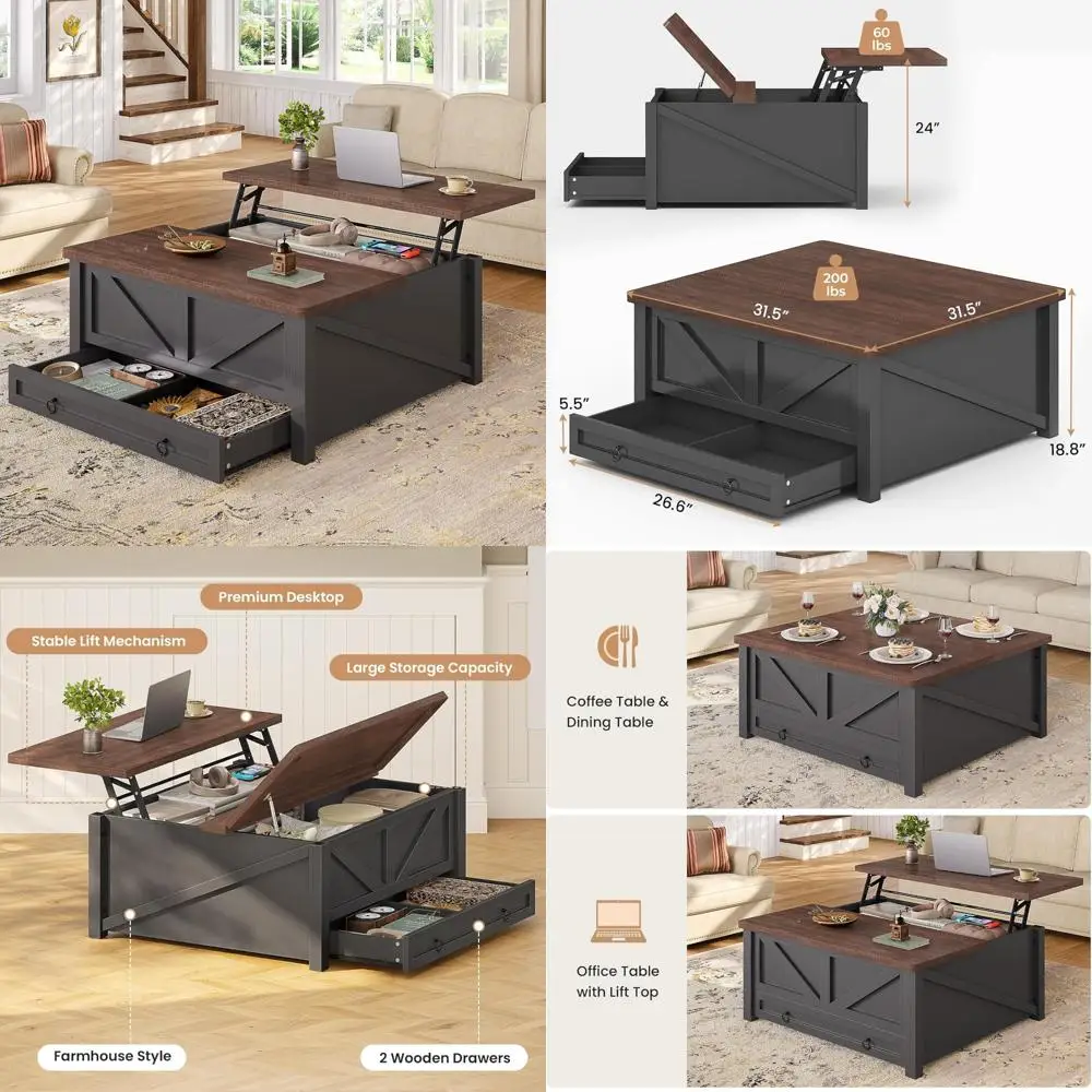 

Lift-Top Storage Coffee Table with Drawers and Hidden Compartment, Square Wooden Center Table for Living Room