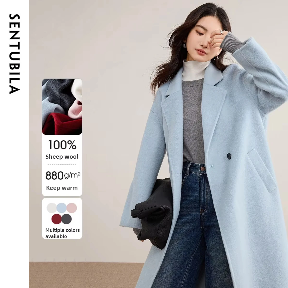 SENTUBILA Damesjas van 100% wol met dubbele gezicht Winter 2025 Pak Reverskraag Klassieke commuterstijl Lange overjas W54OA8779