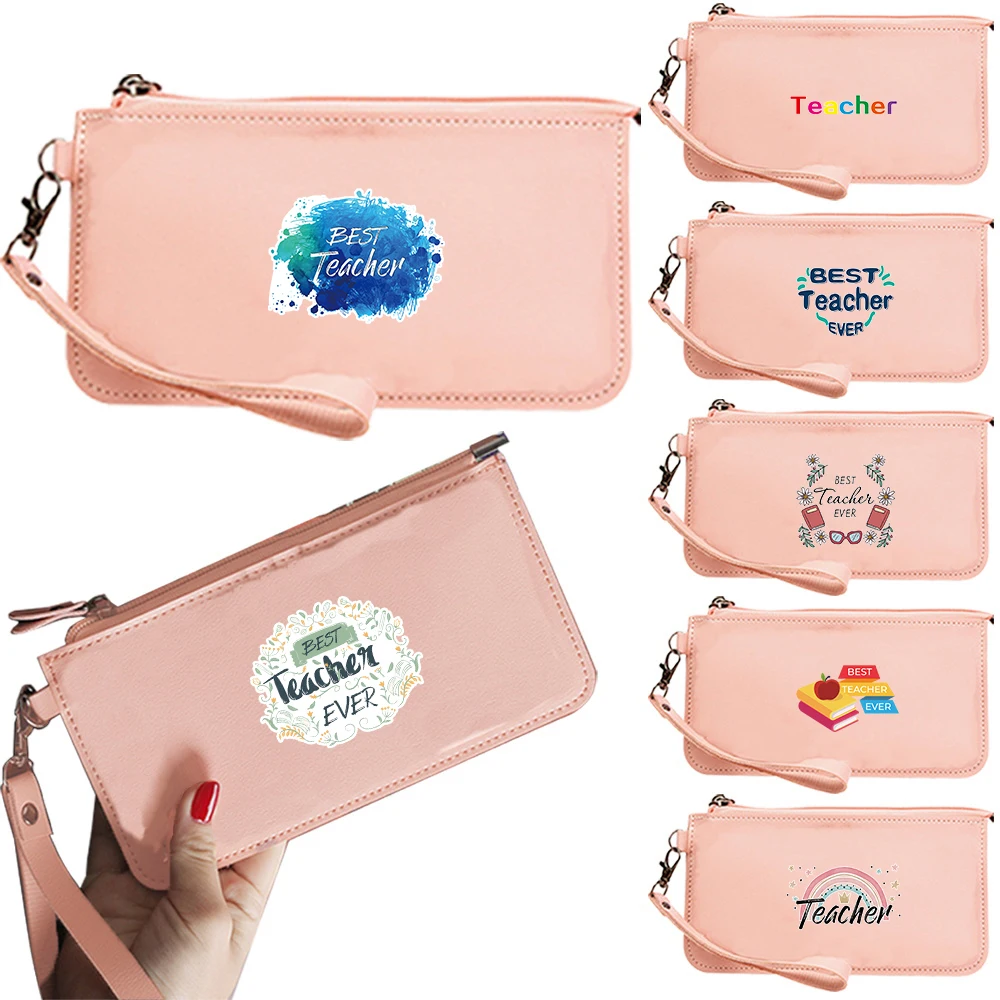 PU Leather Women Wallets Long Hasp Teacher Pattern Coin Purses Travel Portable ID Card Credit Storage Pack Pink Clutch Phone Bag