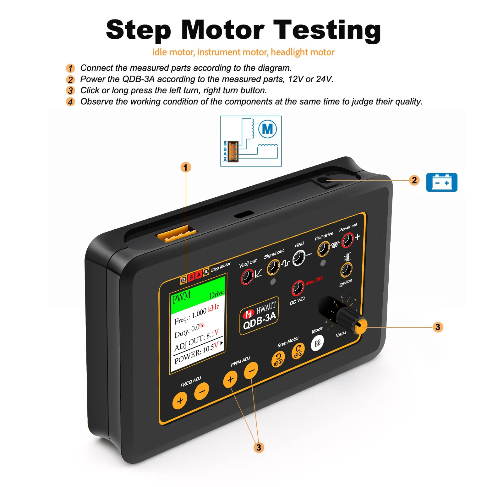 Picture 6: QDB-3A 2A Auto Ignition Coil Tester Car Idle Stepper Motor Solenoid Valve Injector Actuator Fault Detector Driver PWM Generator