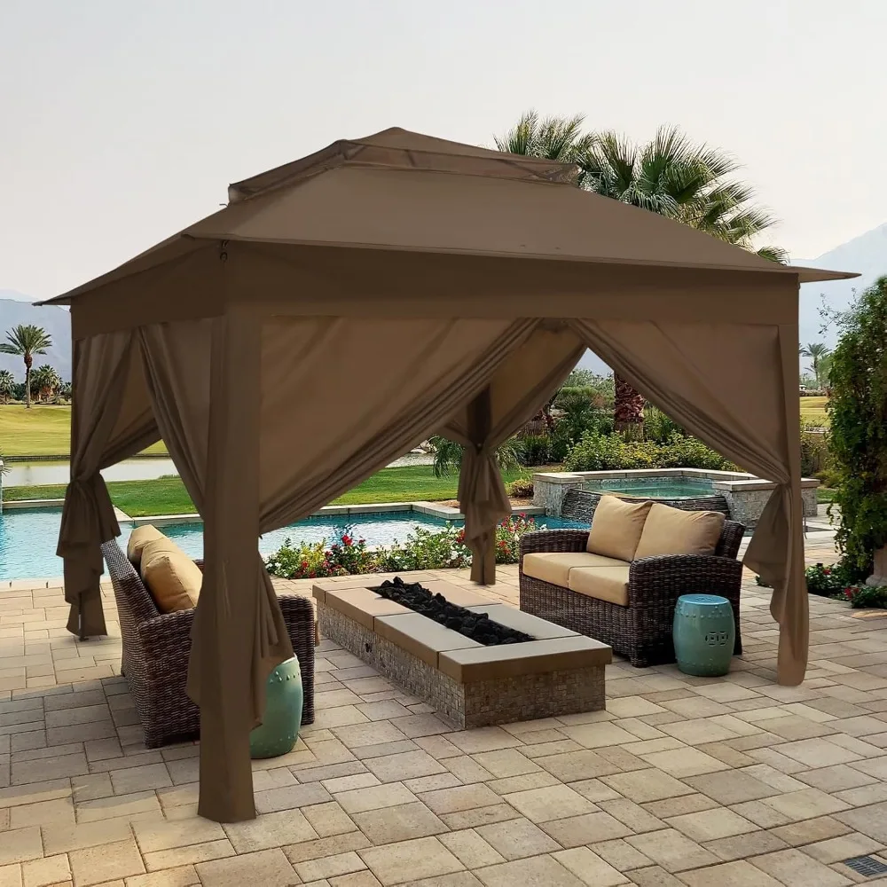 

11x11 Pop-up Instant Gazebo Tent with 4 Sidewalls Outdoor Canopy Shelter with Carry Bag, Stakes and Ropes, Brown