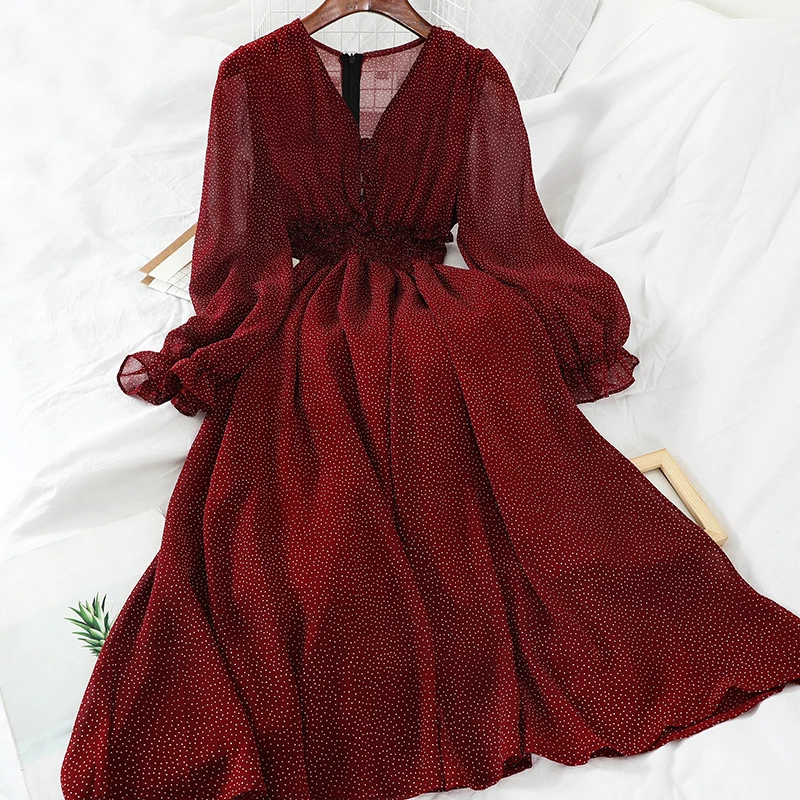 Polka Dot Chiffon Bubble Long Sleeve Ruffle Waist Closing Dress Women 2021 Autumn Sexy V-neck Party Evening Club Long Maxi Dress