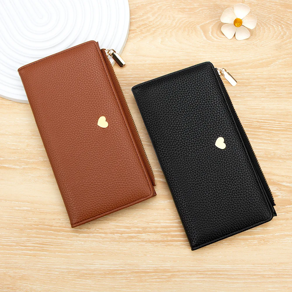Women's Pebbled PU Leather Long Wallet with Heart Shaped Metal Charm and Zip Around Closure Card Holder for Daily Travel