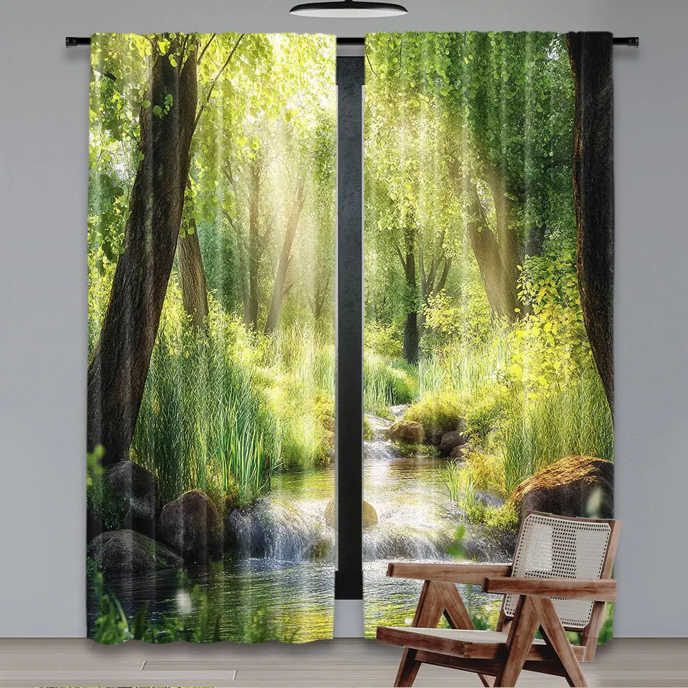 2Pcs Forest Curtain Stream Cascade In Tropical Forest Among Trees Jungle Woodland Serene Landscape Suitable For Living Room