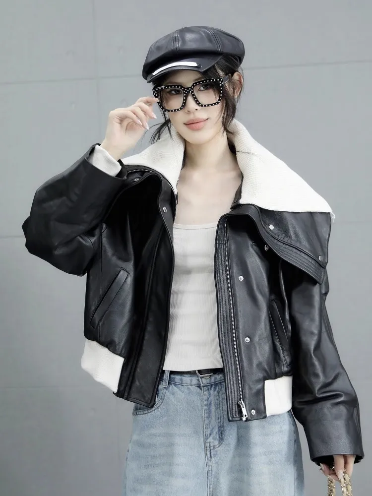 New Designer Women Lapel Collar Loose Fit Sheepskin Genuine Leather Jacket Casual Streetwear Outwear Coat Spliced Bomber Jackets