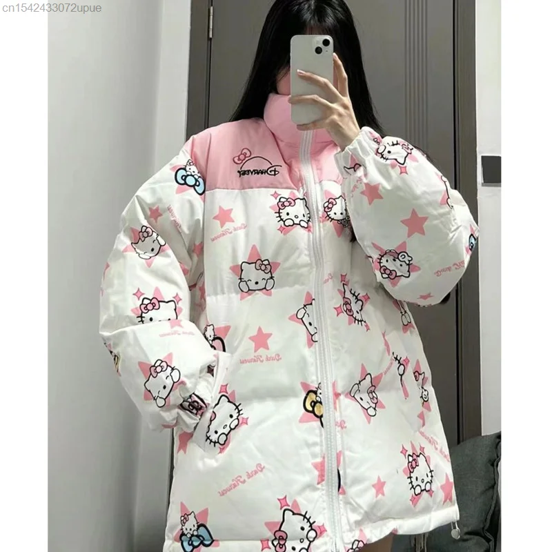 Sanrio Hello Kitty śliczny różowa gwiazda płaszcz Y2k jesienno-zimowy modne ciuchy kobiet bawełniane watowane kurtki bluza na zamek Harajuku topy