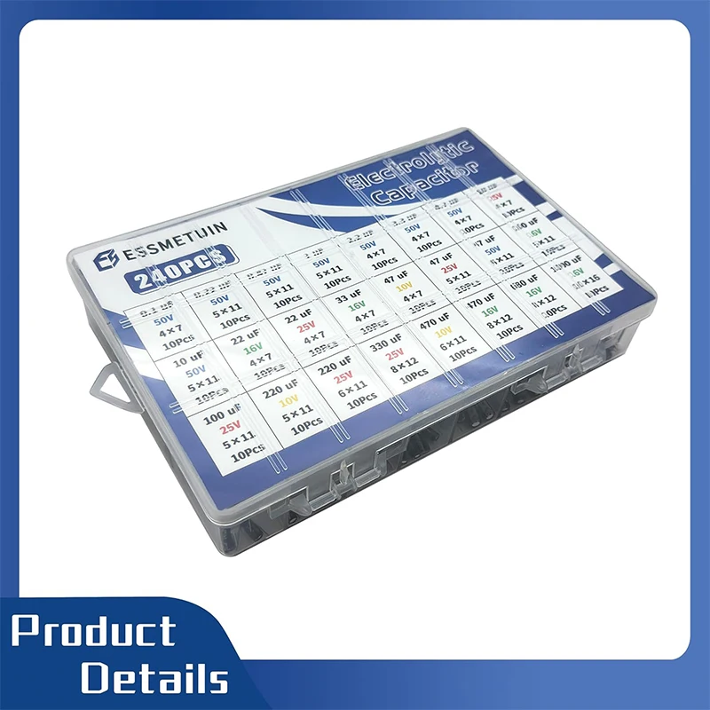مجموعة متنوعة من مكثفات كهربائية 240 قطعة، مجموعة مكثفات ألومنيوم من 0.1 فائق التوهج إلى 1000 فائق التوهج، 10 فولت 16 فولت 25 فولت 50 فولت